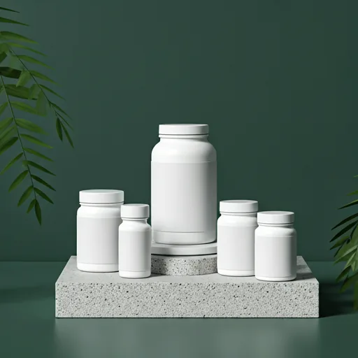 White private label supplement bottles on a green studio background